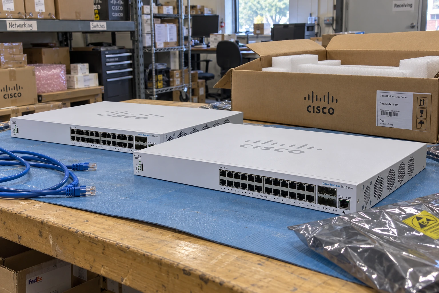 Cisco Business switches on a warehouse packing mat