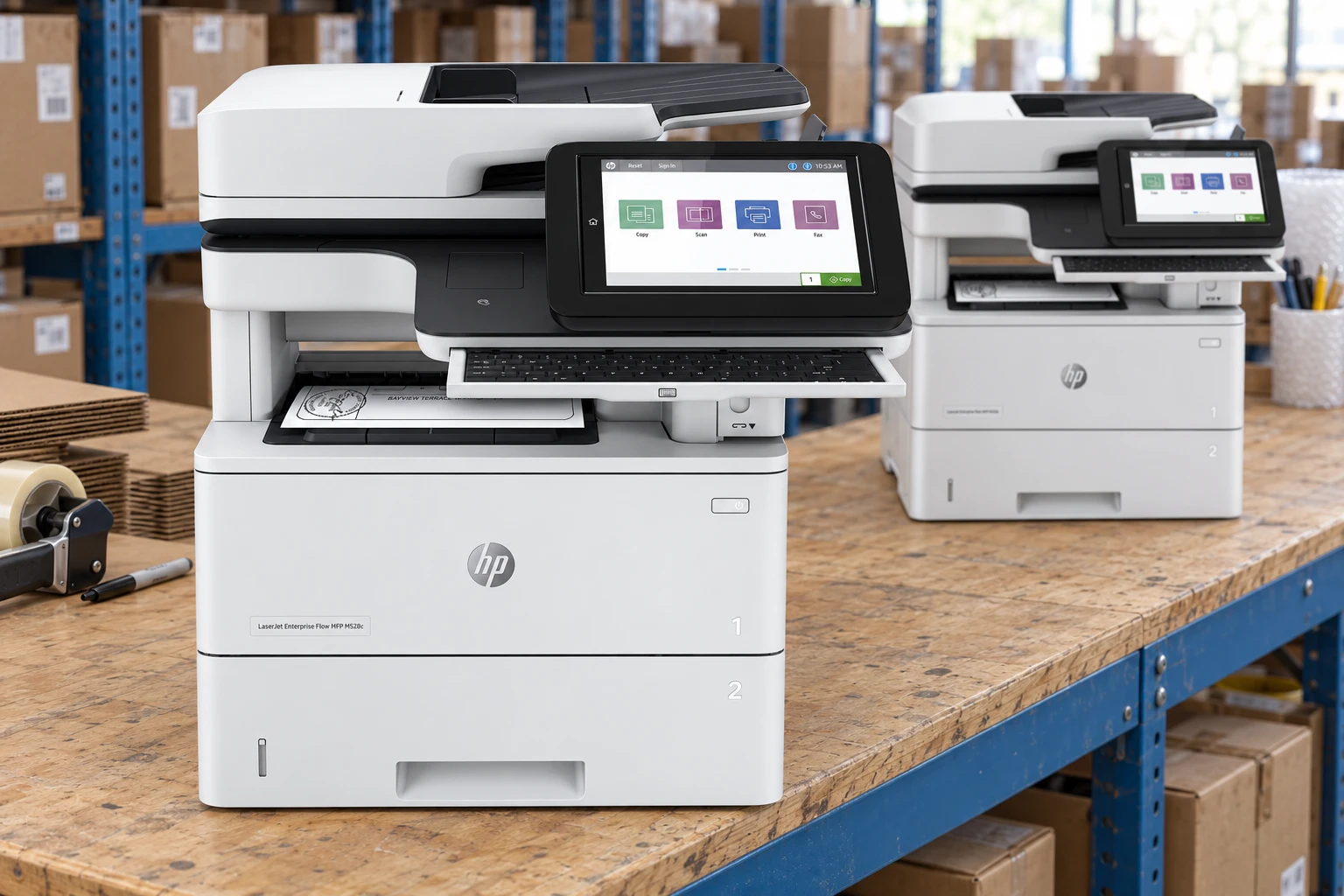 HP LaserJet multifunction printer in the warehouse