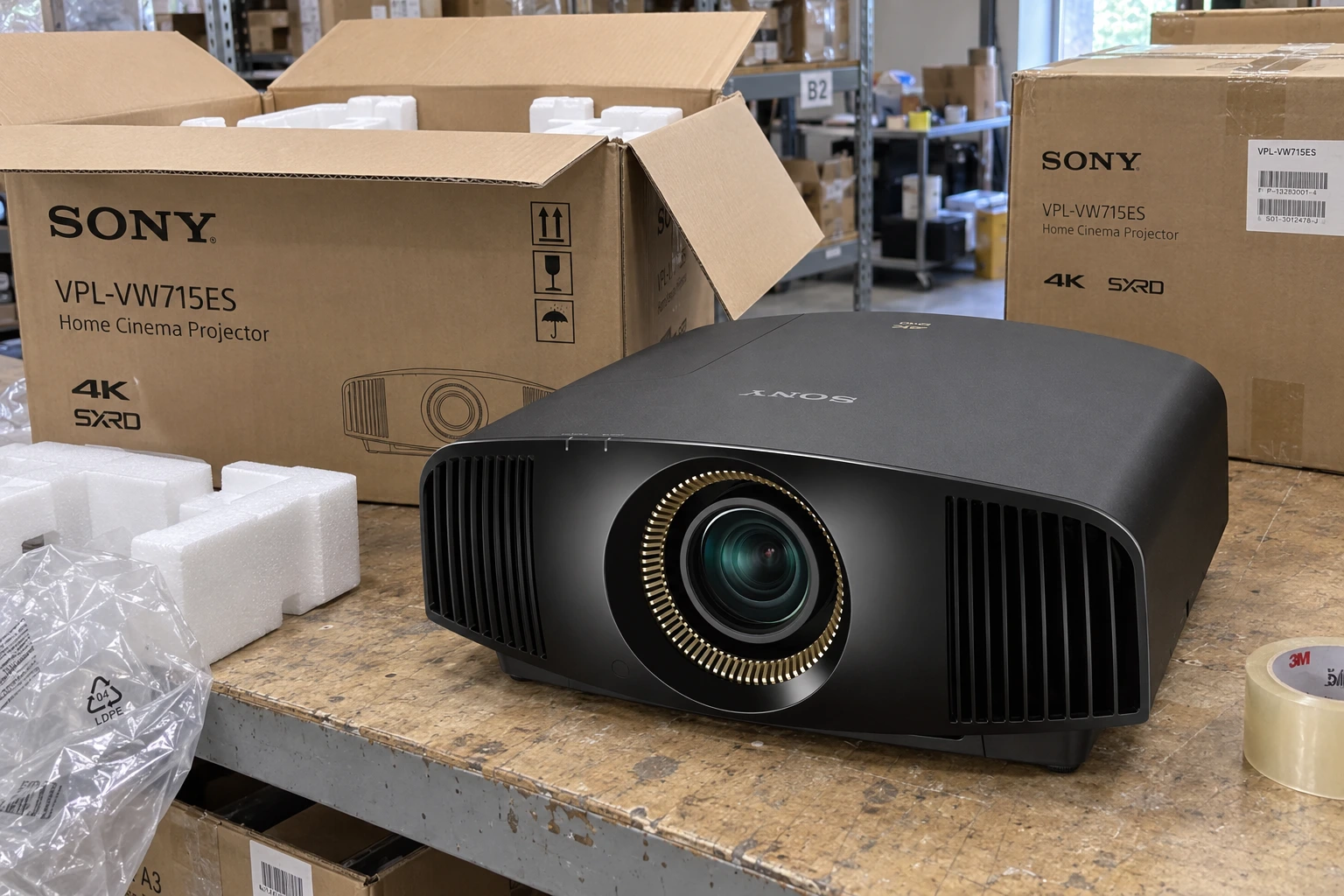 Sony projector beside shipping cartons and protective packaging